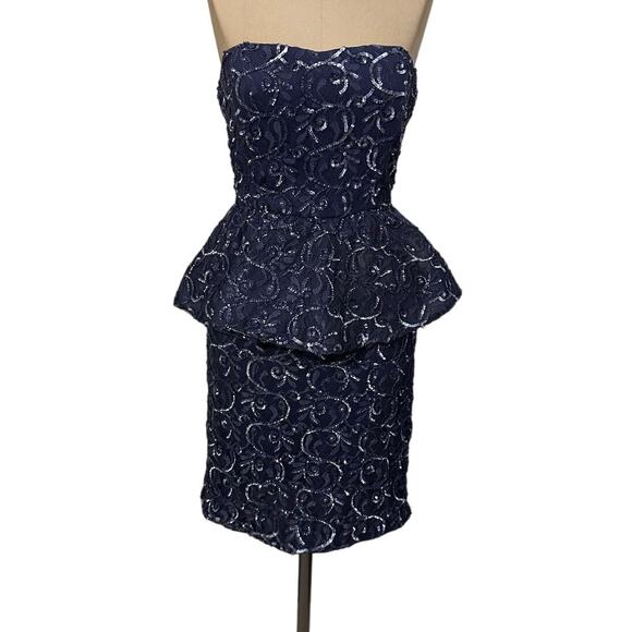 Alice + Olivia Mini Dress Blue Sequin Lace Strapless Peplum Pencil - Picture 3 of 10